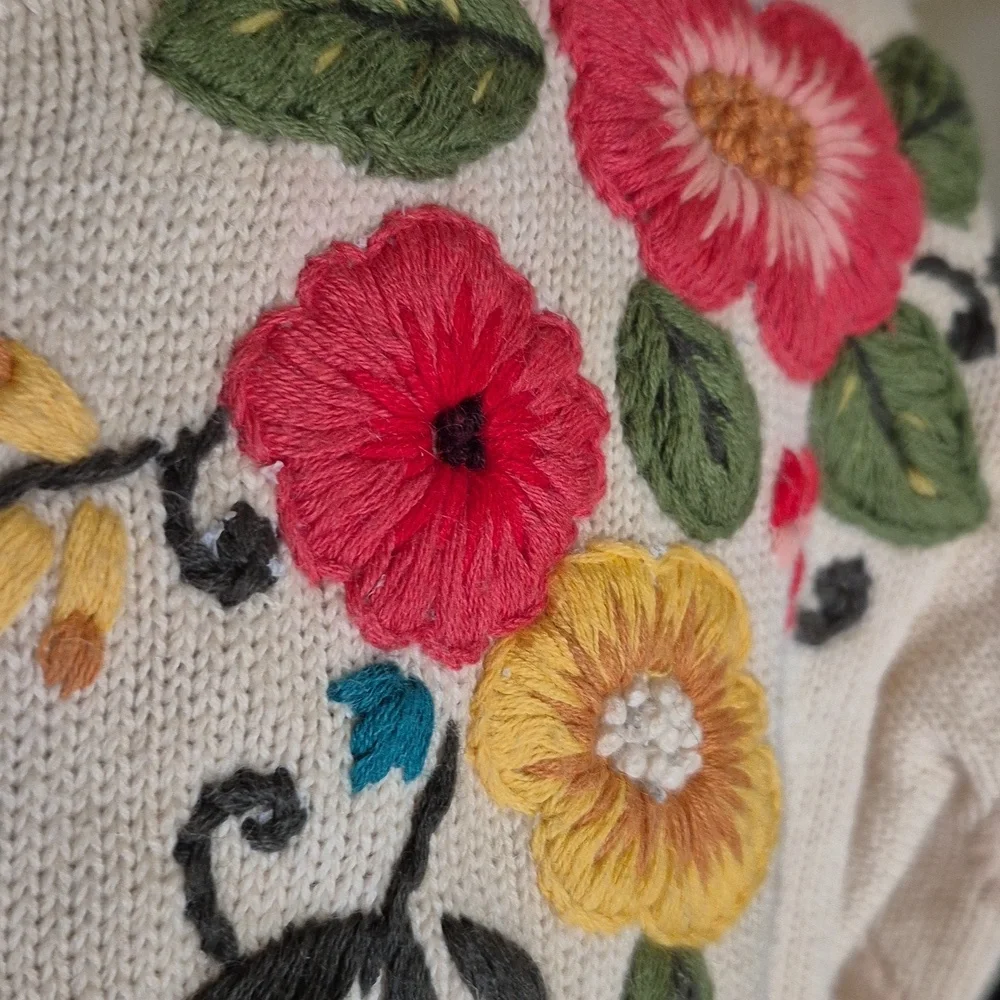 ColdwaterCreek:Vintage 1990s Beautiful Floral Embroidered Cardigan (1680A) Sz.L. - Picture 3 of 16